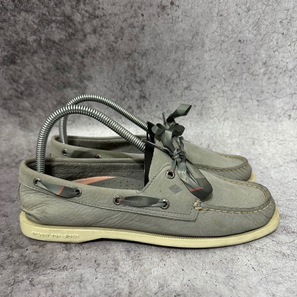 Sperry Varsity Boat Shoe Womens 8 Grey Satin Ribbon Leather STS84519 2-Eye